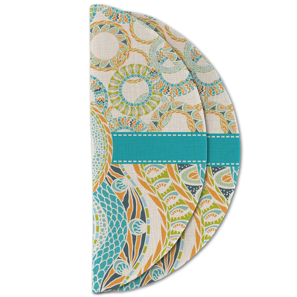 Teal Circles & Stripes Round Linen Placemats - HALF FOLDED (double sided)