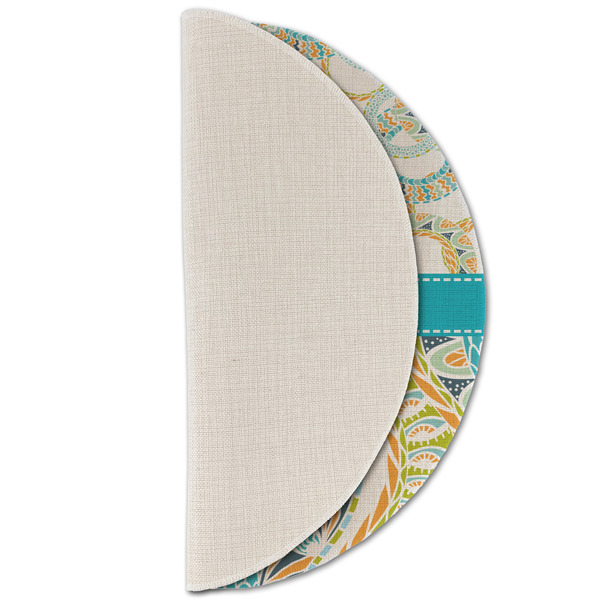 Teal Circles & Stripes Round Linen Placemats - HALF FOLDED (single sided)