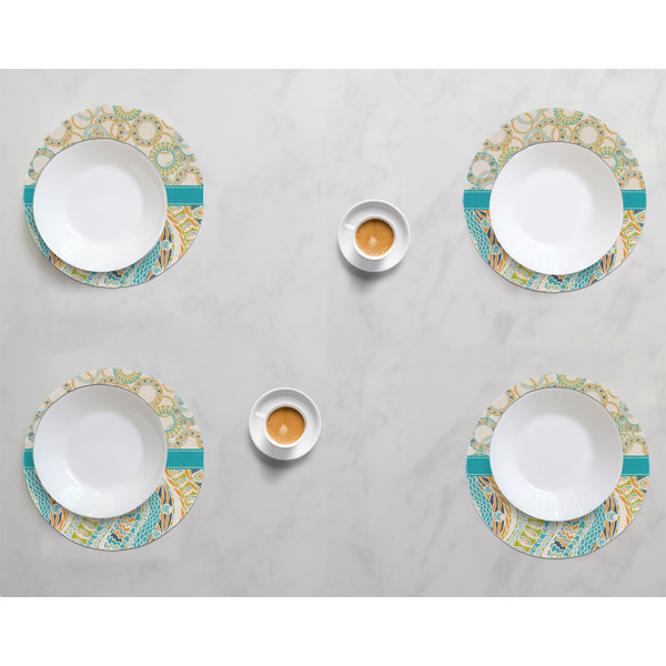 Teal Circles & Stripes Round Linen Placemats - LIFESTYLE (set of 4)