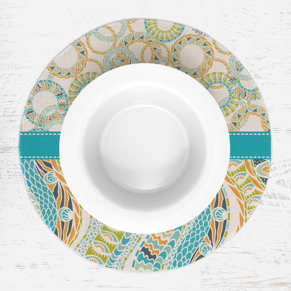 Teal Circles & Stripes Round Linen Placemats - LIFESTYLE (single)