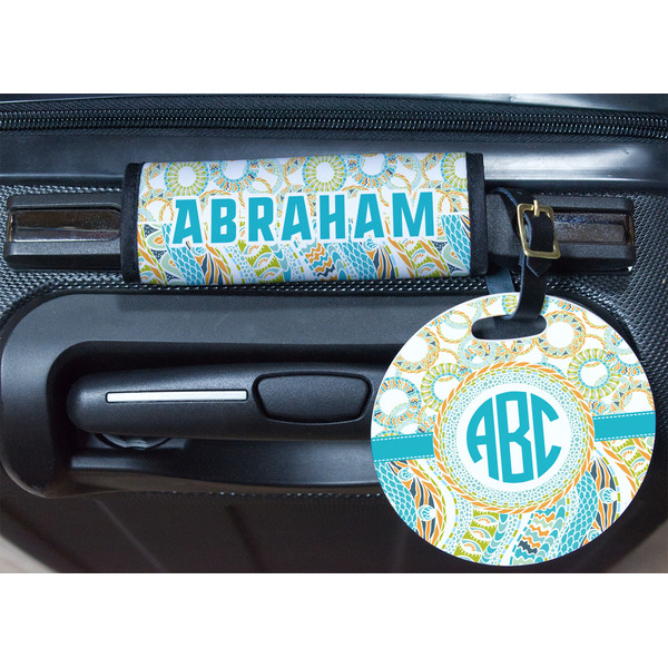 Teal Circles & Stripes Round Luggage Tag & Handle Wrap - In Context