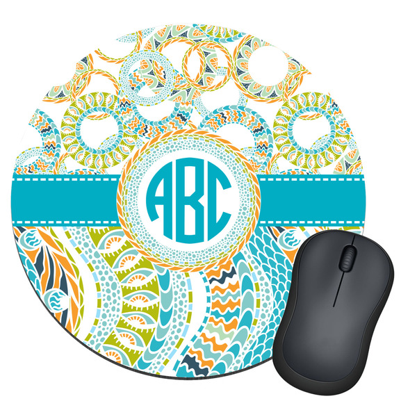 Custom Teal Circles & Stripes Round Mouse Pad (Personalized)