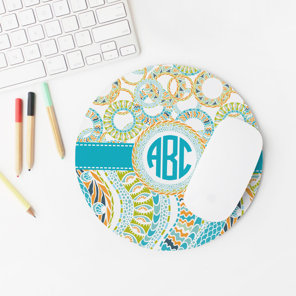 Teal Circles & Stripes Round Mousepad - LIFESTYLE 2