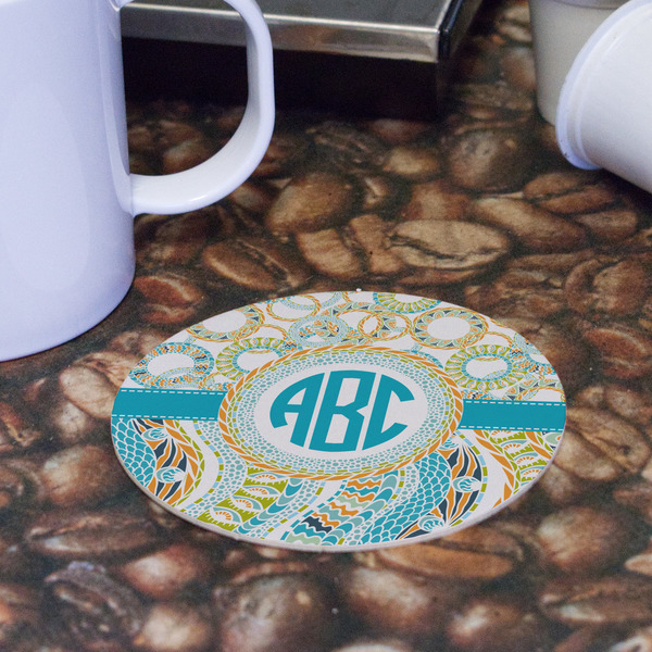 Teal Circles & Stripes Round Paper Coaster - Front