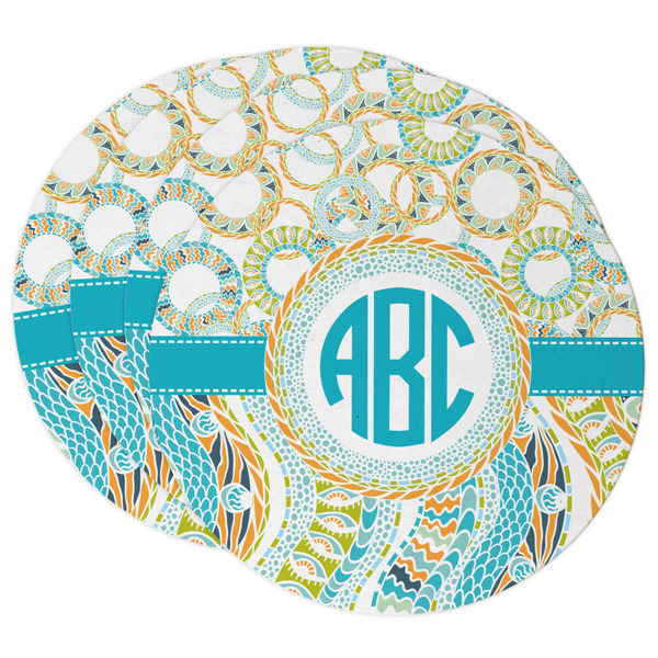 Custom Teal Circles & Stripes Round Paper Coasters w/ Monograms