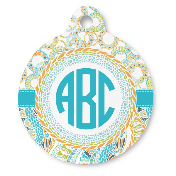 Custom Teal Circles & Stripes Round Pet ID Tag (Personalized)