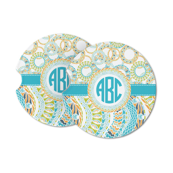Custom Teal Circles & Stripes Sandstone Car Coasters - Set of 2 (Personalized)