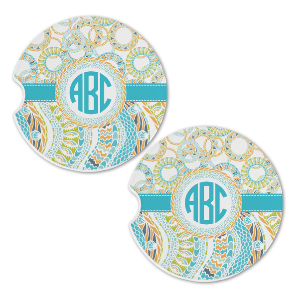 Teal Circles & Stripes Sandstone Car Coasters - Set of 2