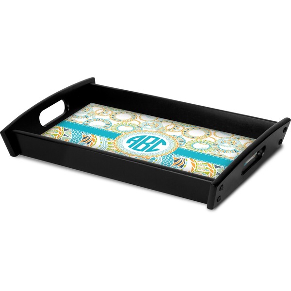 Teal Circles & Stripes Serving Tray Black - Corner