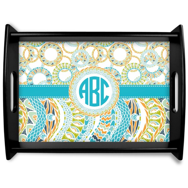 Custom Teal Circles & Stripes Black Wooden Tray - Large (Personalized)
