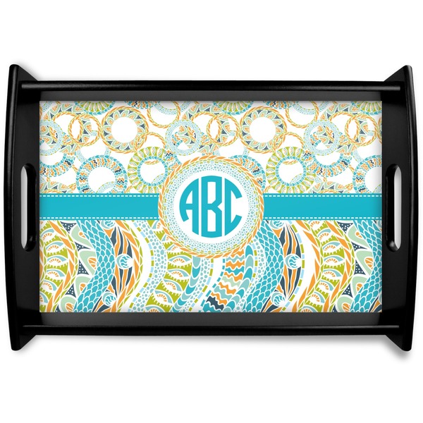 Custom Teal Circles & Stripes Black Wooden Tray - Small (Personalized)