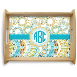 Teal Circles & Stripes Natural Wooden Tray - Large (Personalized)