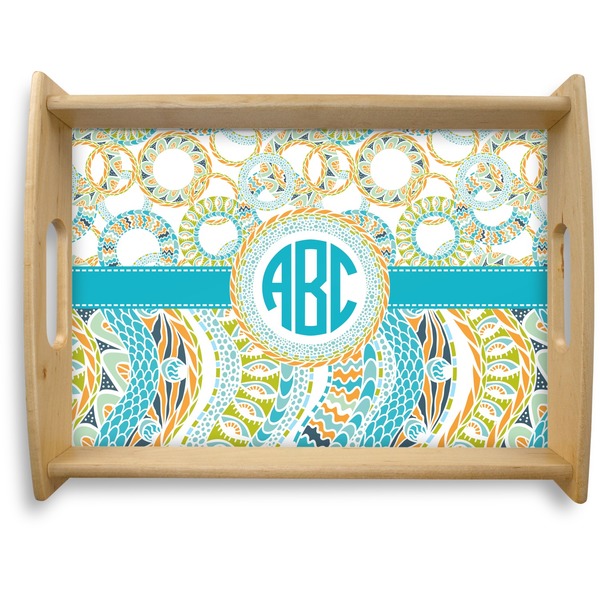 Custom Teal Circles & Stripes Natural Wooden Tray - Large (Personalized)