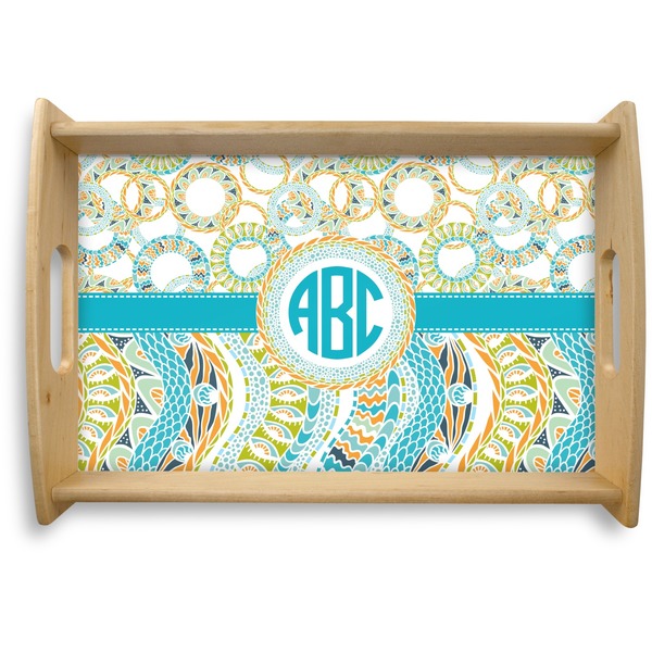 Custom Teal Circles & Stripes Natural Wooden Tray - Small (Personalized)