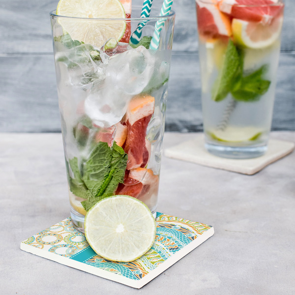 Teal Circles & Stripes Set of 4 Stone Coasters - In Context View