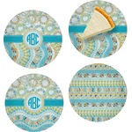 Teal Circles & Stripes Set of 4 Glass Appetizer / Dessert Plate 8" (Personalized)