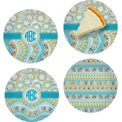 Teal Circles & Stripes Set of 4 Glass Appetizer / Dessert Plate 8" (Personalized)