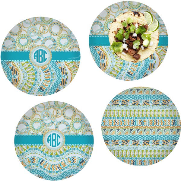 Custom Teal Circles & Stripes Set of 4 Glass Lunch / Dinner Plate 10" (Personalized)