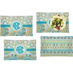 Teal Circles & Stripes Set of 4 Glass Rectangular Lunch / Dinner Plate w/ Monogram
