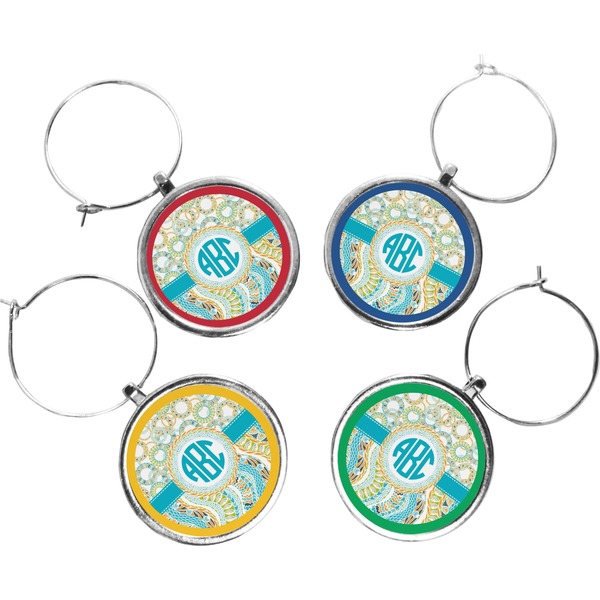 Custom Teal Circles & Stripes Wine Charms (Set of 4) (Personalized)