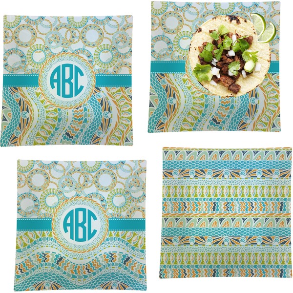 Teal Circles & Stripes Set of Square Dinner Plates