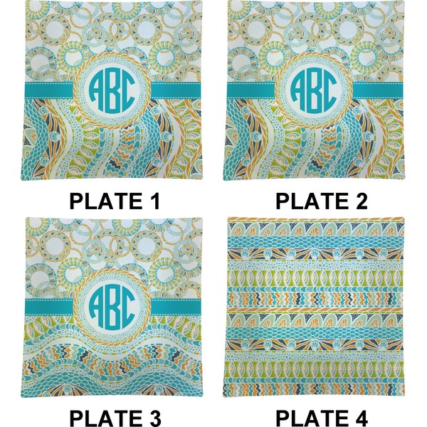 Teal Circles & Stripes Set of Square Dinner Plates (Approval)