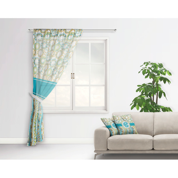 Teal Circles & Stripes Sheer Curtain With Window and Rod - in Room Matching Pillow