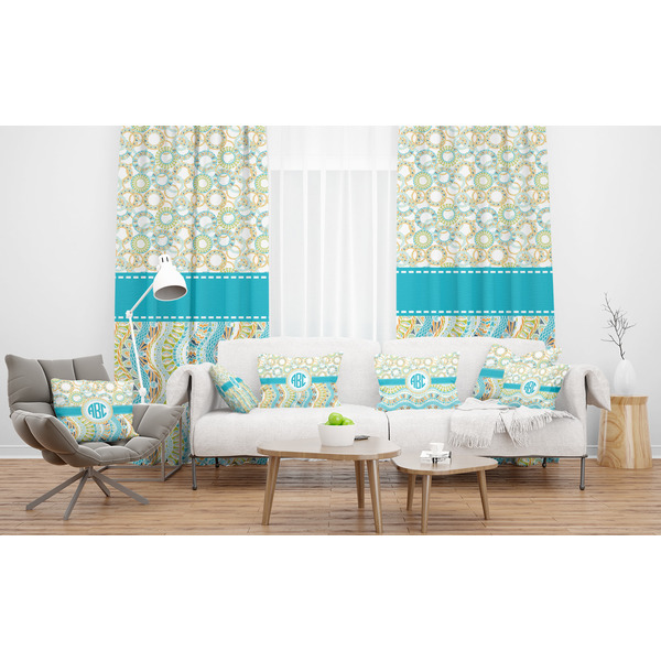 Teal Circles & Stripes Sheer and Custom Curtains in Room with Matching Pillows