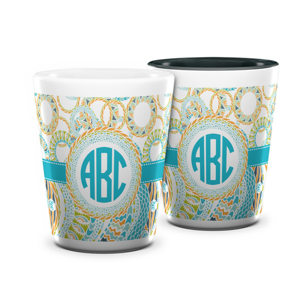 Custom Teal Circles & Stripes Ceramic Shot Glass - 1.5 oz (Personalized)