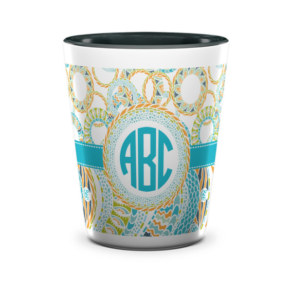 Custom Teal Circles & Stripes Ceramic Shot Glass - 1.5 oz - Two Tone - Set of 4 (Personalized)