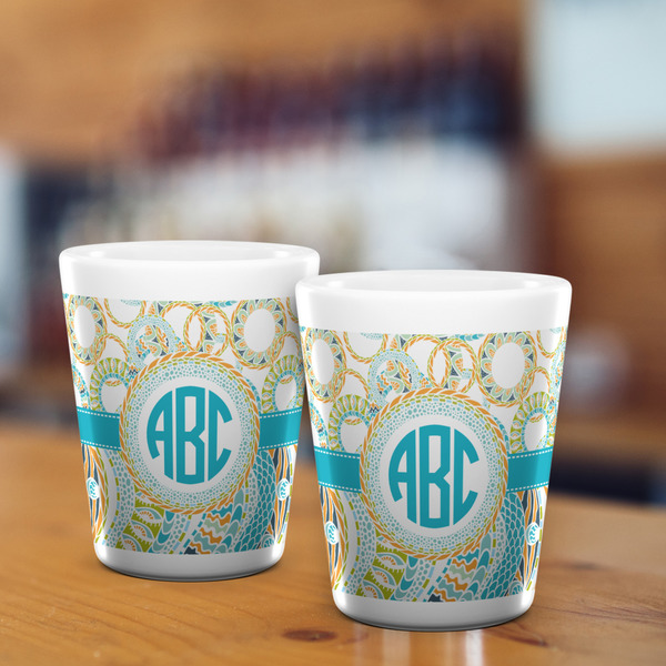 Teal Circles & Stripes Shot Glass - White - LIFESTYLE