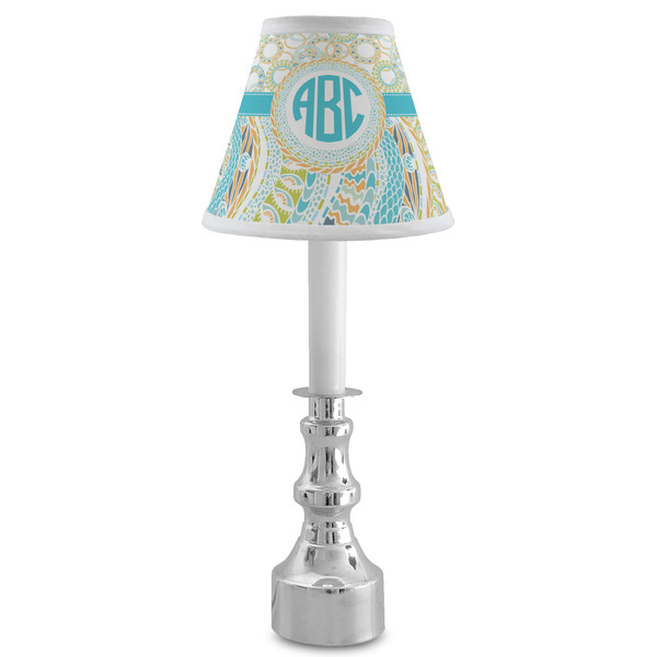 Teal Circles & Stripes Small Chandelier Lamp - LIFESTYLE (on candle stick)