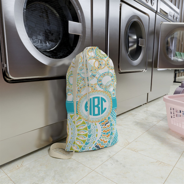 Teal Circles & Stripes Small Landry Bag - In Context