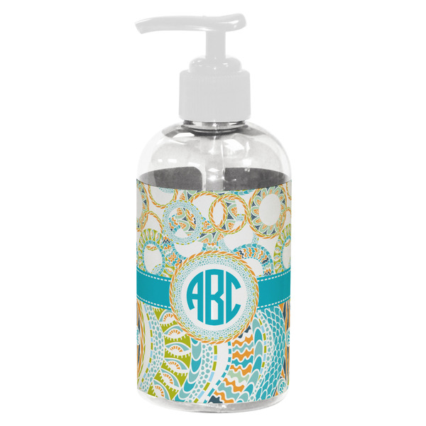 Custom Teal Circles & Stripes Plastic Soap / Lotion Dispenser (8 oz - Small - White) (Personalized)