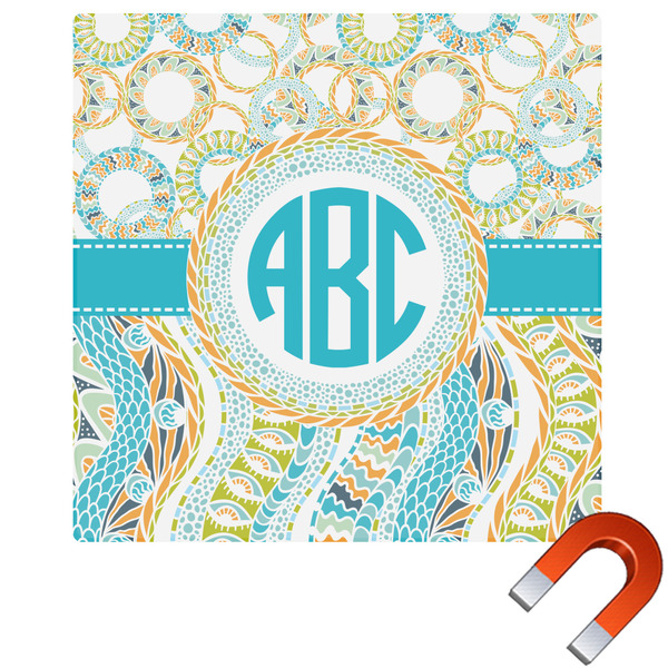 Custom Teal Circles & Stripes Square Car Magnet - 6" (Personalized)