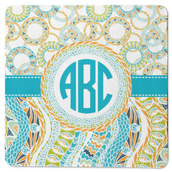 Teal Circles & Stripes Square Rubber Backed Coaster (Personalized)