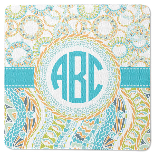 Custom Teal Circles & Stripes Square Rubber Backed Coaster (Personalized)