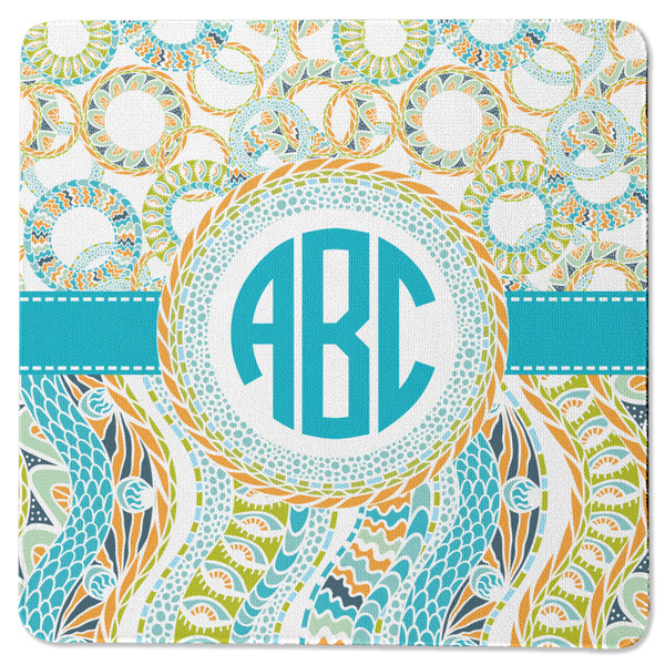 Custom Teal Circles & Stripes Square Rubber Backed Coaster (Personalized)