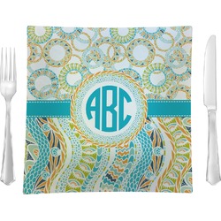 Teal Circles & Stripes Glass Square Lunch / Dinner Plate 9.5" (Personalized)