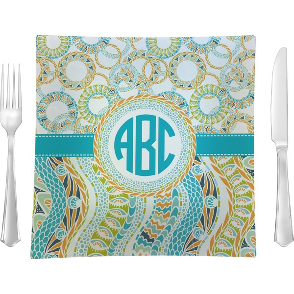 Custom Teal Circles & Stripes Glass Square Lunch / Dinner Plate 9.5" (Personalized)