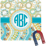 Teal Circles & Stripes Square Fridge Magnet w/ Monogram