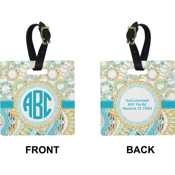 Teal Circles & Stripes Square Luggage Tag (Front + Back)