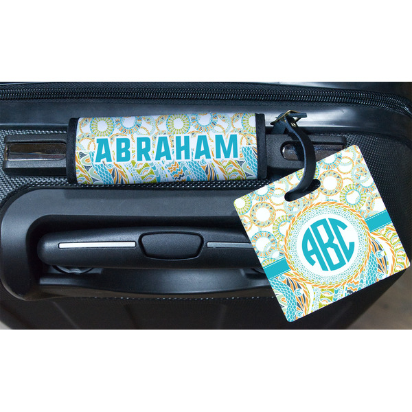 Teal Circles & Stripes Square Luggage Tag & Handle Wrap - In Context