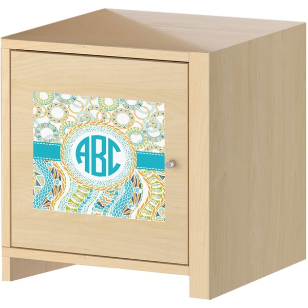 Teal Circles & Stripes Square Wall Decal on Wooden Cabinet