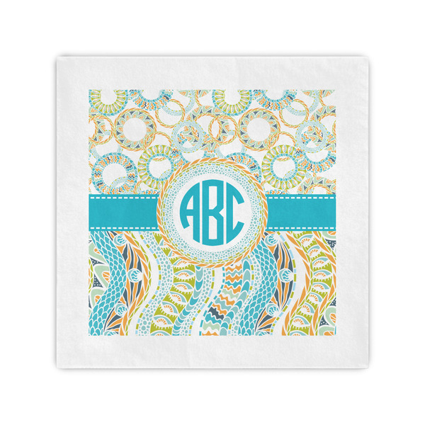 Custom Teal Circles & Stripes Standard Cocktail Napkins (Personalized)
