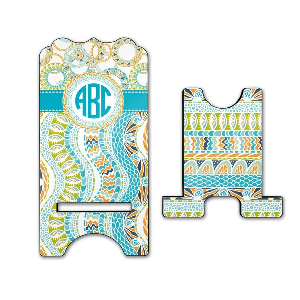 Teal Circles & Stripes Stylized Phone Stand - Front & Back - Large