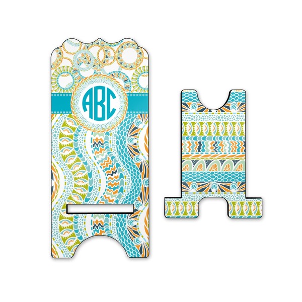 Teal Circles & Stripes Stylized Phone Stand - Front & Back - Small