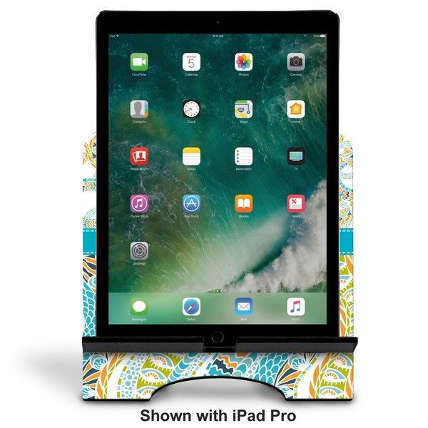 Teal Circles & Stripes Stylized Tablet Stand - Front with ipad
