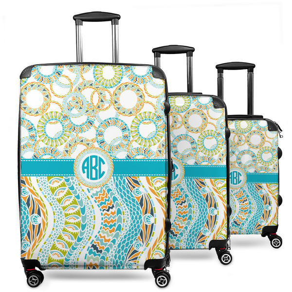 Custom Teal Circles & Stripes 3 Piece Luggage Set - 20" Carry On, 24" Medium Checked, 28" Large Checked (Personalized)