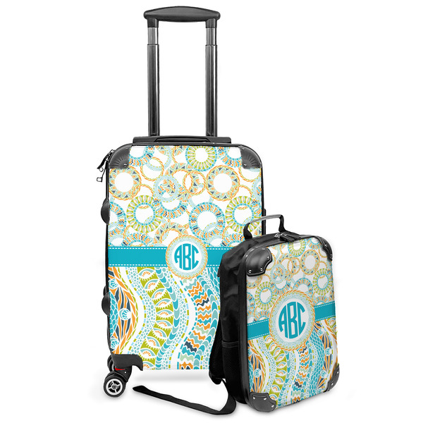 Custom Teal Circles & Stripes Kids 2-Piece Luggage Set - Suitcase & Backpack (Personalized)